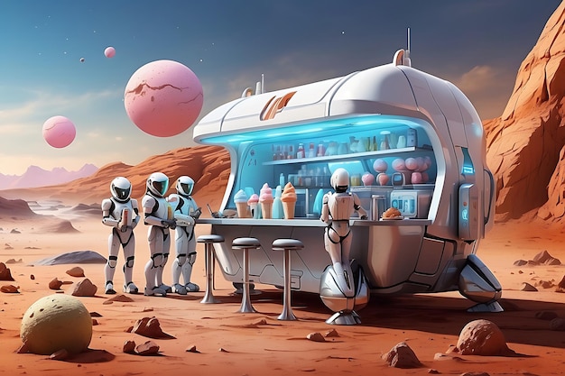 Viaggio fantastico Nave spaziale Furgone di gelati su Marte