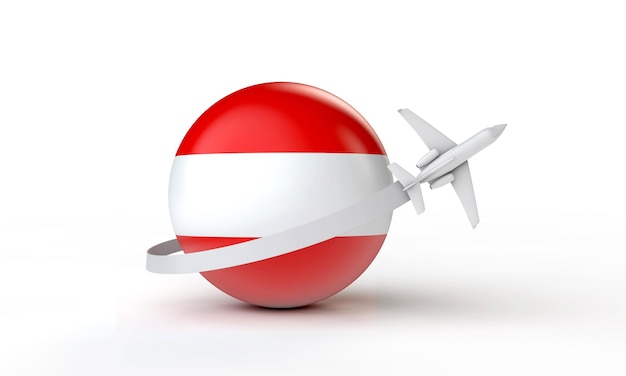 Viaggio in aereo concetto austria che vola intorno alla bandiera d rendering