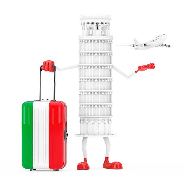 Viaggio in Italia Concept. Cartoon bianco pendente Torre di Pisa persona con la valigia come bandiera dell'Italia e aereo del passeggero Jet bianco su sfondo bianco. Rendering 3D