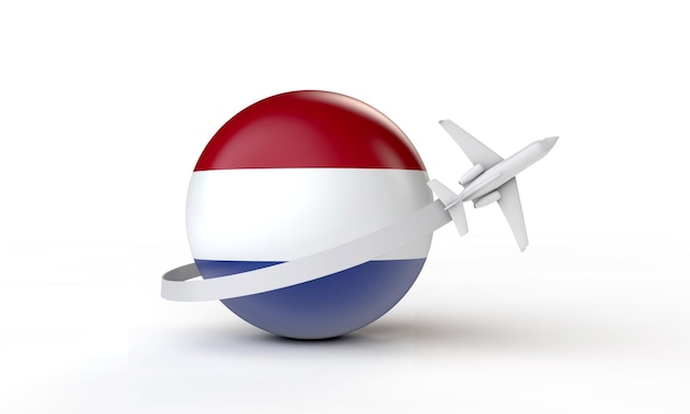 Viaggio in Paesi Bassi concetto Aereo che vola intorno alla bandiera Rendering 3D