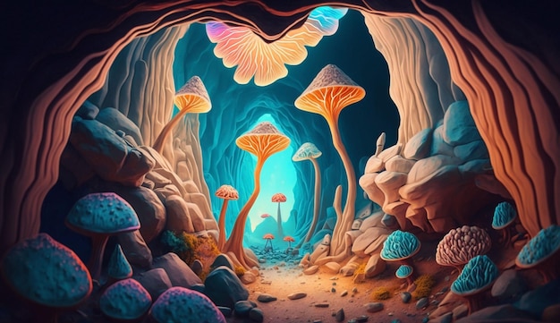 Viaggio in un paese magico con funghi colorati e cristalli generativi ai