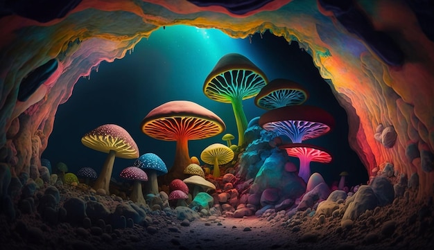 Viaggio in un paese magico con funghi colorati e cristalli generativi ai
