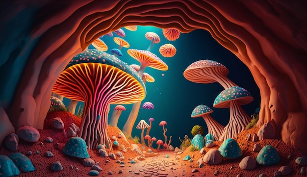 Viaggio in un paese magico con funghi colorati e cristalli generativi ai