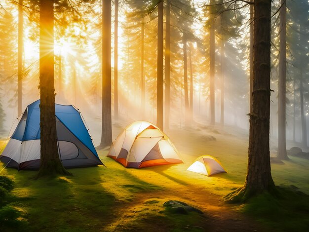 Viaggio natura Impostare una tenda da campeggio in una foresta di pini e la luce del sole splende attraverso gli alberiesai contenuto generato