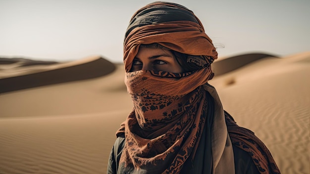 Viaggio nel deserto Una persona che cammina con la protezione della sciarpa