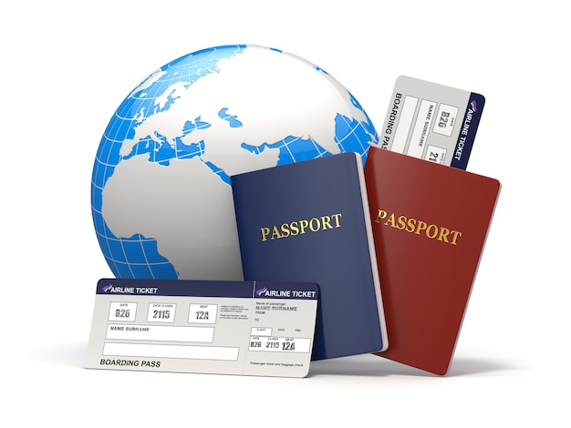 Viaggio nel mondo. Terra, biglietti aerei e passaporto. 3d