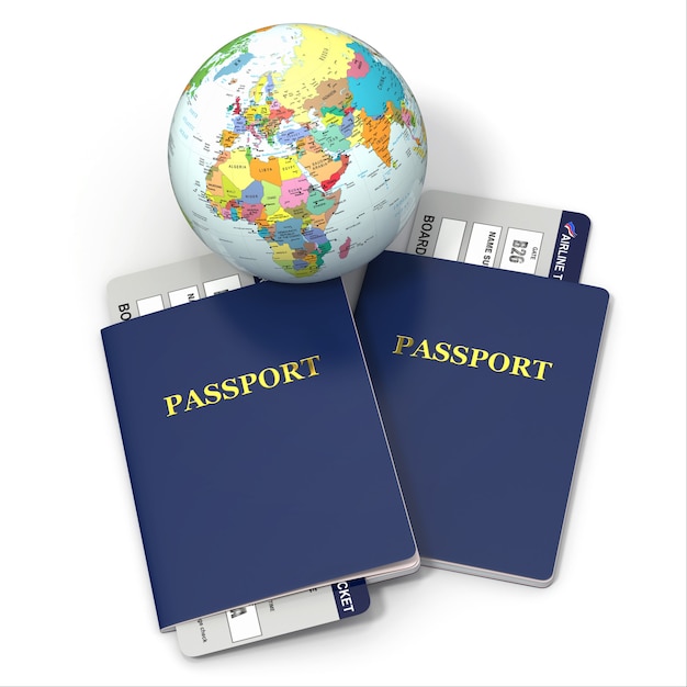Viaggio nel mondo. Terra, biglietti aerei e passaporto. 3d