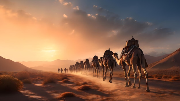 Viaggio nomade Carovana di cammelli che attraversa le sabbie del deserto