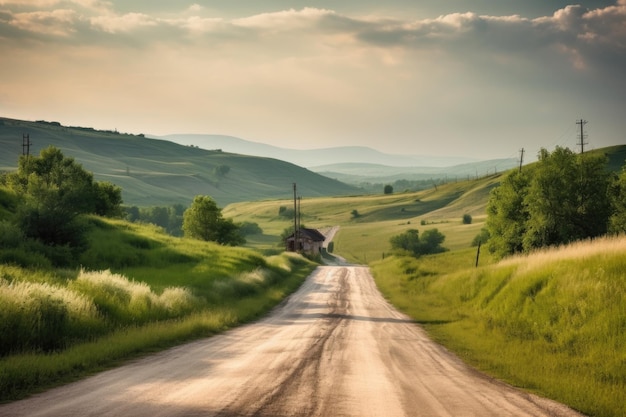 Viaggio on the road su una strada di campagna deserta e tortuosa creata con l'intelligenza artificiale generativa