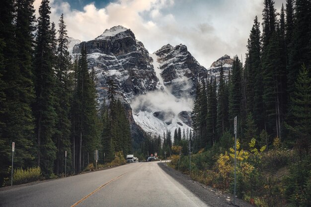 Viaggio panoramico attraverso montagne rocciose e pinete vicino al lago Moraine nel parco nazionale di Banff