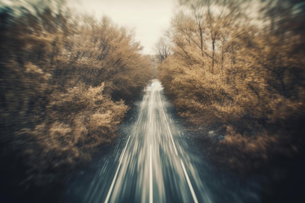 Viaggio panoramico attraverso una lussureggiante foresta con alberi che fiancheggiano la strada IA generativa