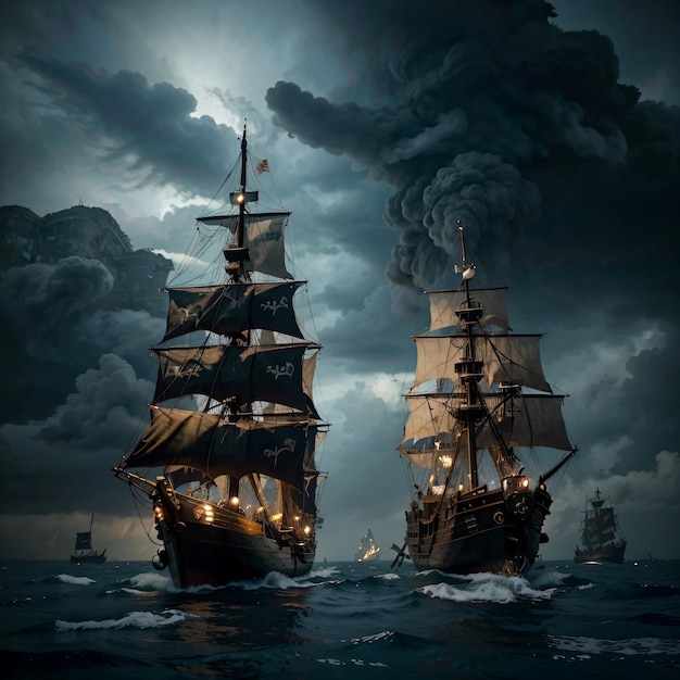 Viaggio silenzioso Una nave maestosa scivola attraverso l'oceano di notte Nave pirata in mare