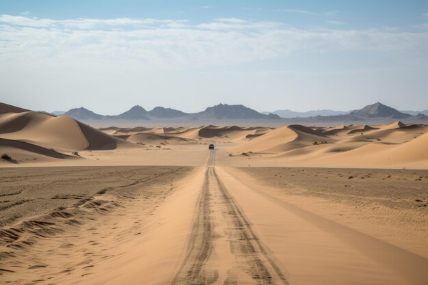 Viaggio su strada attraverso il deserto con infinite dune di sabbia sullo sfondo create con l'AI generativa