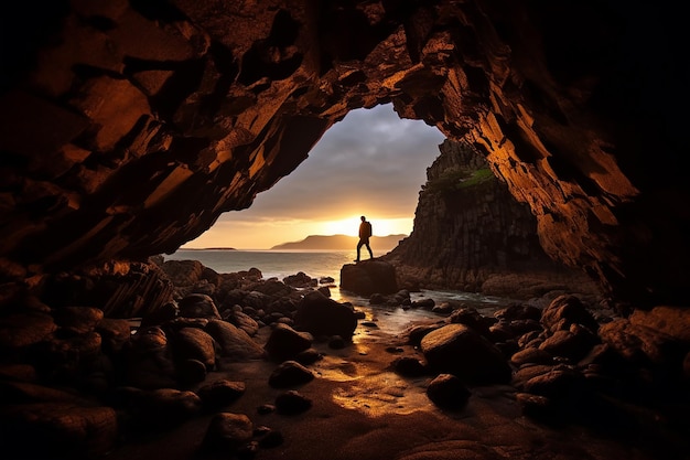 Viaggio verso la Luce Uomo in piedi in una grotta con un'uscita luminosa