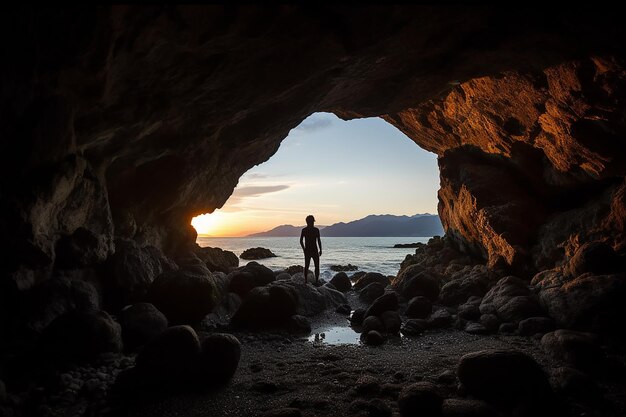 Viaggio verso la Luce Uomo in piedi in una grotta con un'uscita luminosa