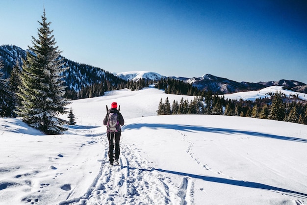 Viandante che cammina sul paesaggio innevato nella foresta