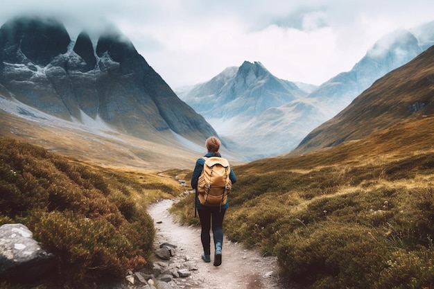 Viandante che cammina verso le montagne