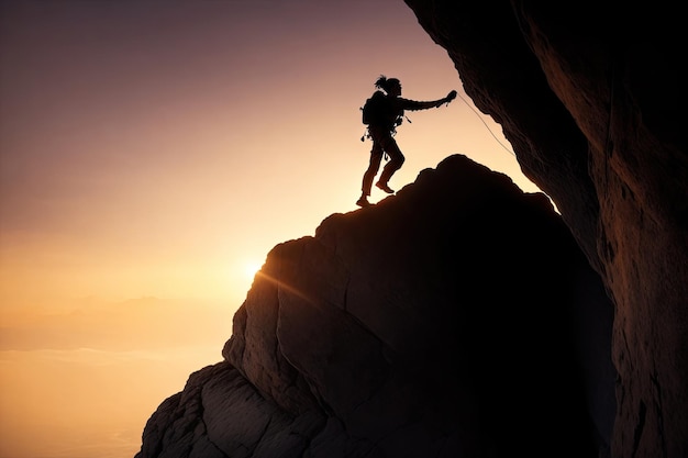 Viandante dell'uomo sulla cima di una montagna successo ai generativo