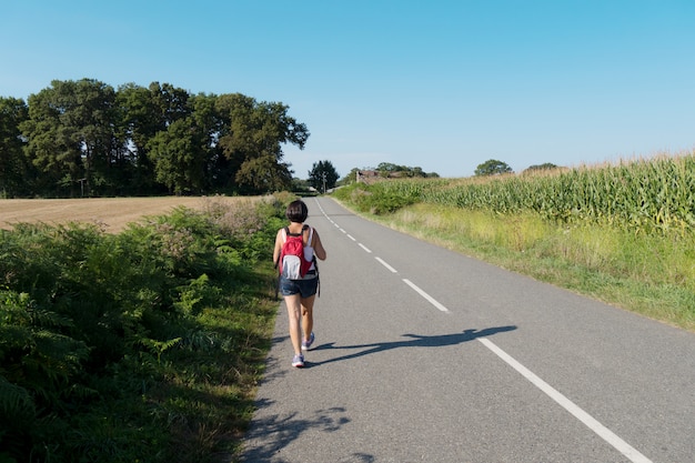 Viandante della donna che cammina sulla strada