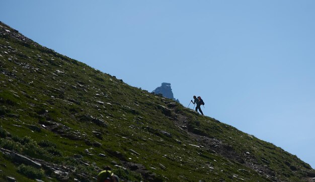 Viandante maschio che arrampica collina erbosa.