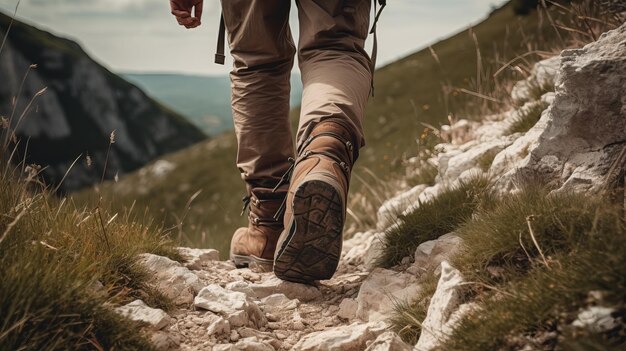 Viandante maschio che esplora il sentiero di montagna con il primo piano degli stivali di pelle