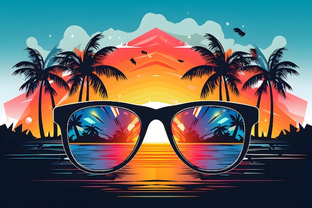 Vibe estiva Illustrazioni vettoriali di occhiali da sole T-shirt stampa modello resort e paesaggio per ba