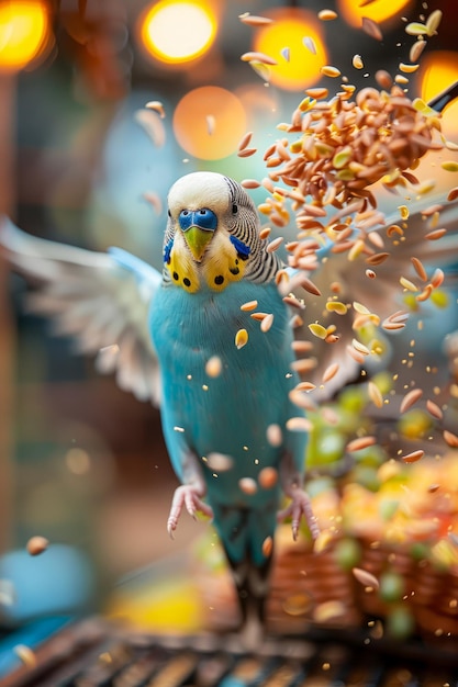 Vibrant Budgerigar Mid Flight cattura l'esplosione dei semi contro uno sfondo di luce sfocata