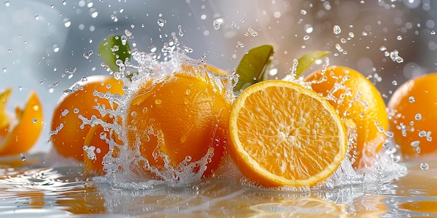 Vibrant Citrus Splash Sbalorditivi frutti d'arancia e succo su sfondo bianco creati con la tecnologia Generative AI