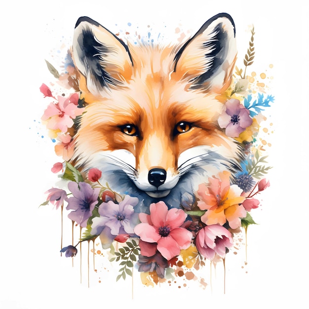 Vibrant Fox Flower Painting Prints Cartoon Acquerel Style