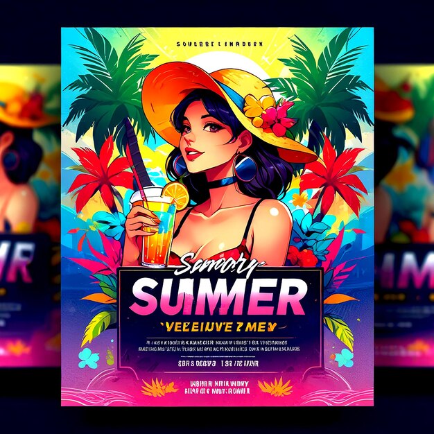 Vibrant Summer Party Flyer Design Template Beach Vibes Elementi tropicali