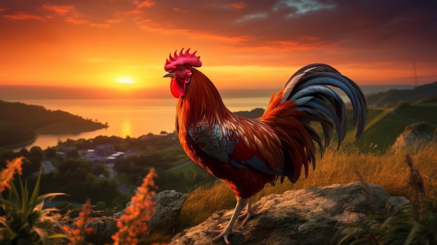 Vibrant Sunset Rooster Paesaggio Uhd 32k realistico e iperdettagliato