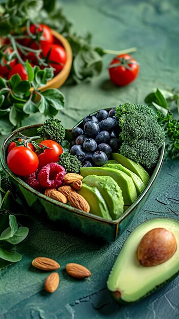 Vibrant Superfoods Collection Heart Bowl su sfondo verde