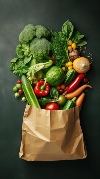 Vibrant Veganuary spargendo generi alimentari da un sacchetto di carta che mostra una varietà di alimenti vegani