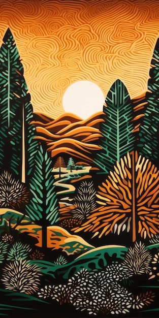 Vibrant Woodcut Pittura paesaggio del tramonto nello stile di Laurie Greasley39