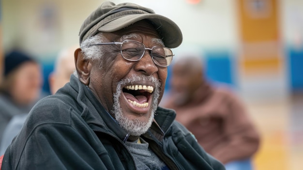 Vibrante anziano che ride con gli amici al centro comunitario Importanza delle connessioni sociali e