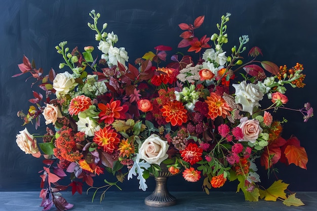 Vibrante arrangiamento floreale stagionale in vaso classico su uno sfondo scuro per un decoro elegante