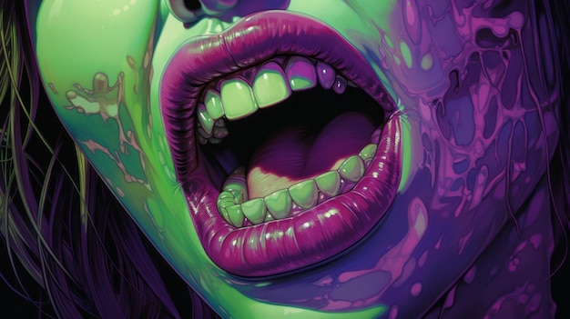 Vibrante arte della bocca cyberpunk con labbro verde e vernice viola