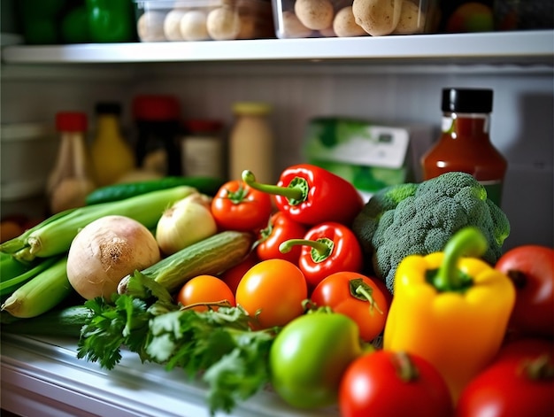 Vibrante assortimento di frutta e verdura fresca sul bancone della cucina generato dall'intelligenza artificiale