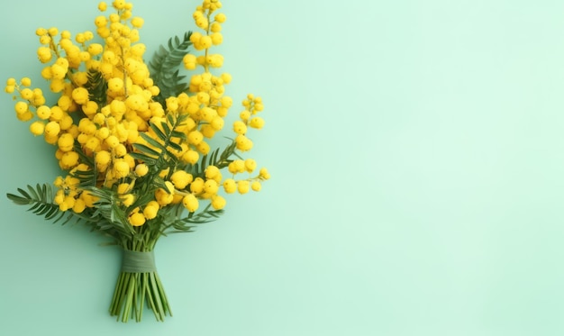 Vibrante bouquet di fiori di mimosa su uno sfondo verde lussureggiante Freschi fiori gialli AI Generativo