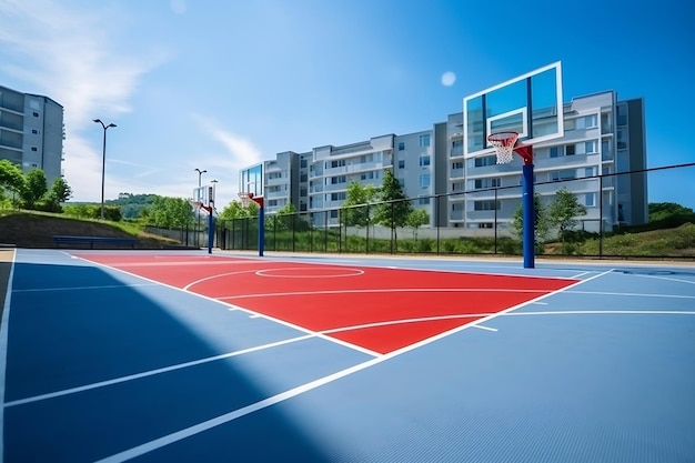 Vibrante campo da basket all'aperto in una giornata di sole IA generativa
