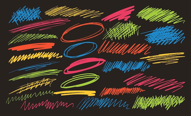 Vibrante collezione di colorati scarabocchi disegnati a mano cerchi e linee su sfondo nero vettoriale