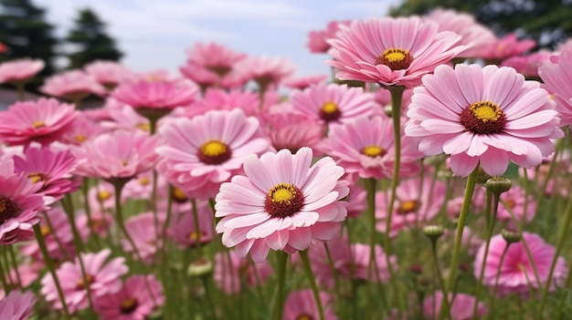 Vibrante cornice autunnale con fiori Cosmos rosa generati dall'IA