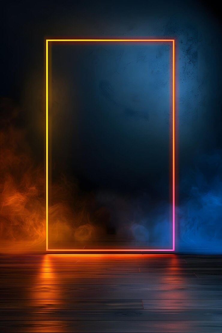 Foto vibrante cornice rettangolare al neon con sfondo fumoso