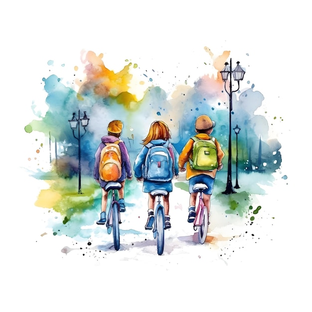 Vibrante disegno ad acquerello che celebra i bambini della scuola che vanno in bicicletta in classe, perfetto per la maglietta dell'acquerello