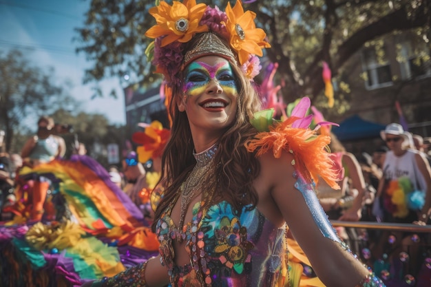 Vibrante ed esagerata sfilata del mardi gras piena di carri allegorici e favolosi costumi creati con generativ