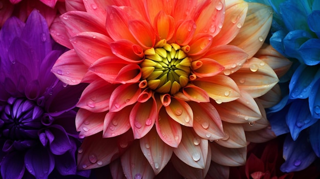 vibrante fiore di dalia multicolore bagnato di freschezza