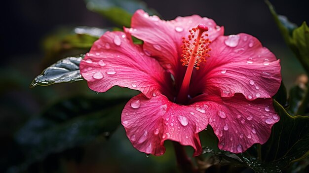 vibrante fiore di ibisco rosa bagnato di rugiada in tropicale