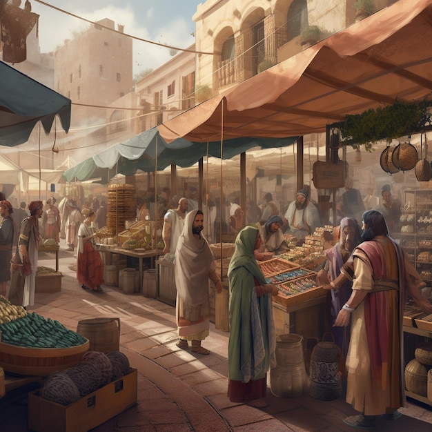 Vibrante illustrazione di un vivace mercato fenicio che mostra tessuti di diversi commercianti