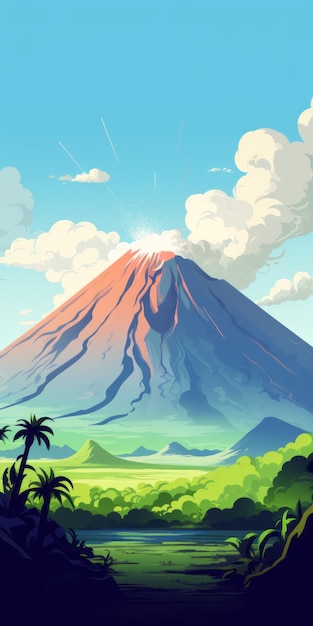 Vibrante illustrazione in stile manga di un vulcano con palme e montagne