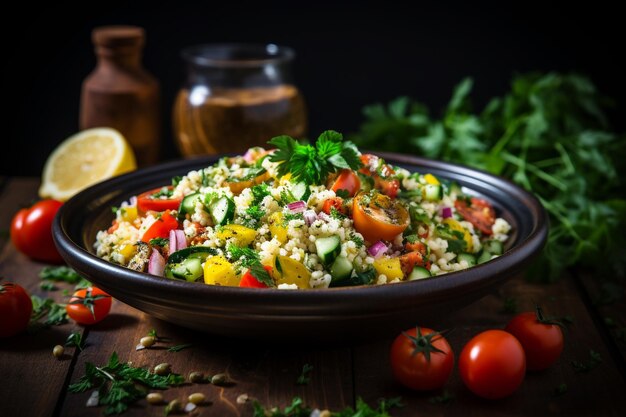 Vibrante insalata di couscous creata con l'intelligenza artificiale generativa